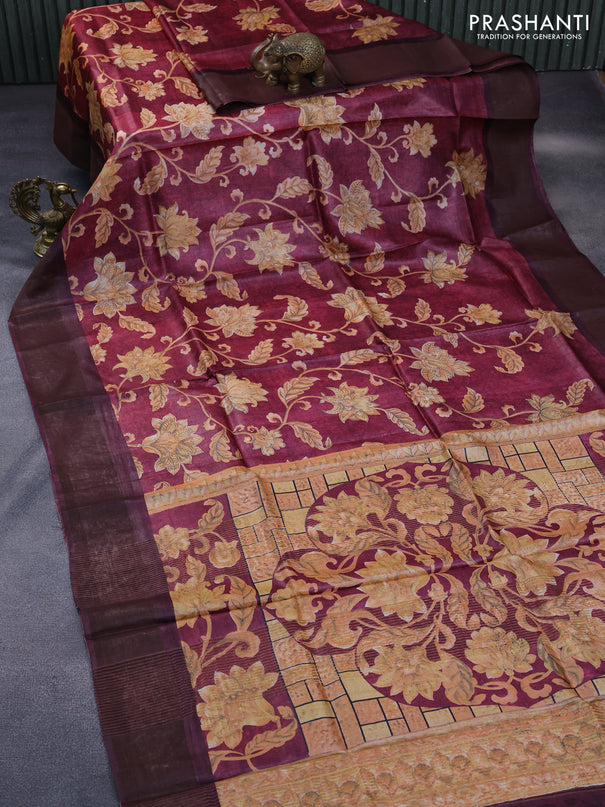 Pure tussar silk saree maroon and wine shade with allover floral prints and zari woven border