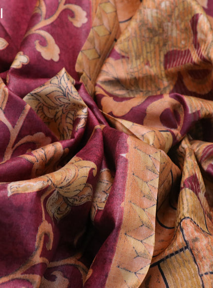 Pure tussar silk saree maroon and wine shade with allover floral prints and zari woven border