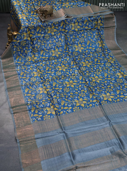 Pure tussar silk saree cs blue and grey with allover kalamkari prints and zari woven border