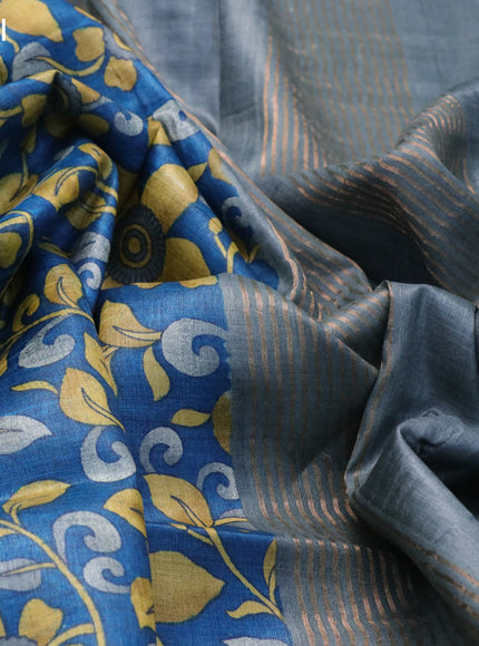 Pure tussar silk saree cs blue and grey with allover kalamkari prints and zari woven border