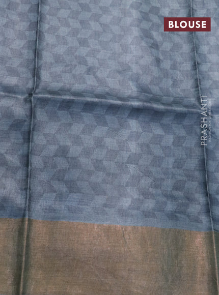 Pure tussar silk saree cs blue and grey with allover kalamkari prints and zari woven border