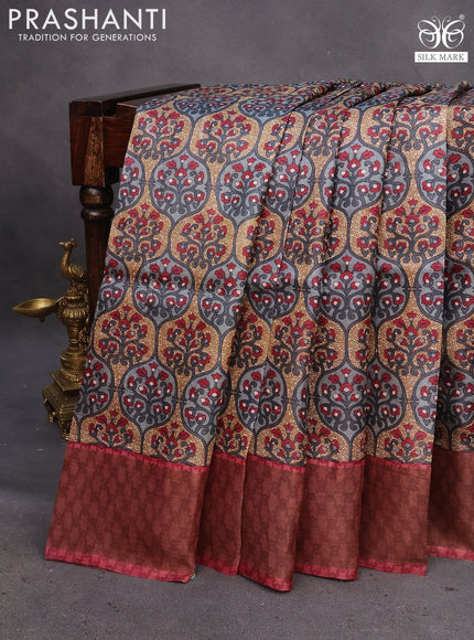 Pure tussar silk saree grey and maroon with allover prints and zari woven border