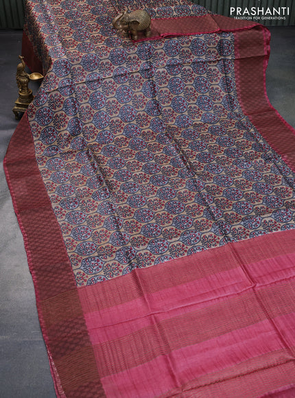 Pure tussar silk saree grey and maroon with allover prints and zari woven border