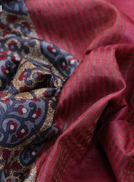 Pure tussar silk saree grey and maroon with allover prints and zari woven border