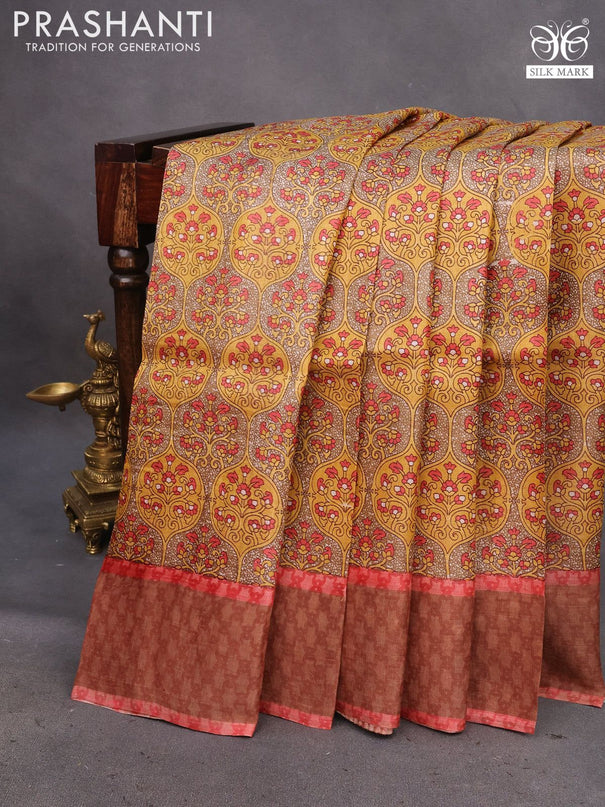 Pure tussar silk saree mustard shade and red shade with allover prints and zari woven border