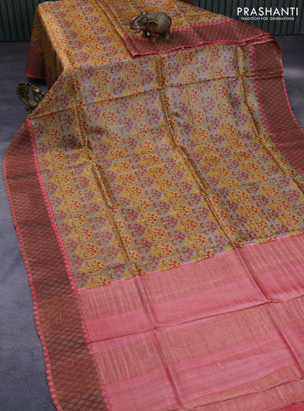 Pure tussar silk saree mustard shade and red shade with allover prints and zari woven border