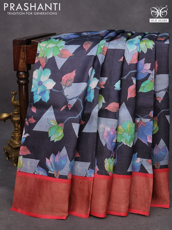 Pure tussar silk saree black and red with allover floral prints and zari woven border