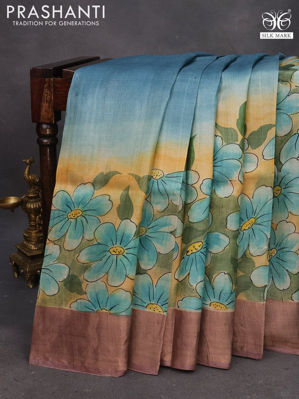 Pure tussar silk saree light blue shade and brown shade with floral hand painted prints and zari woven border