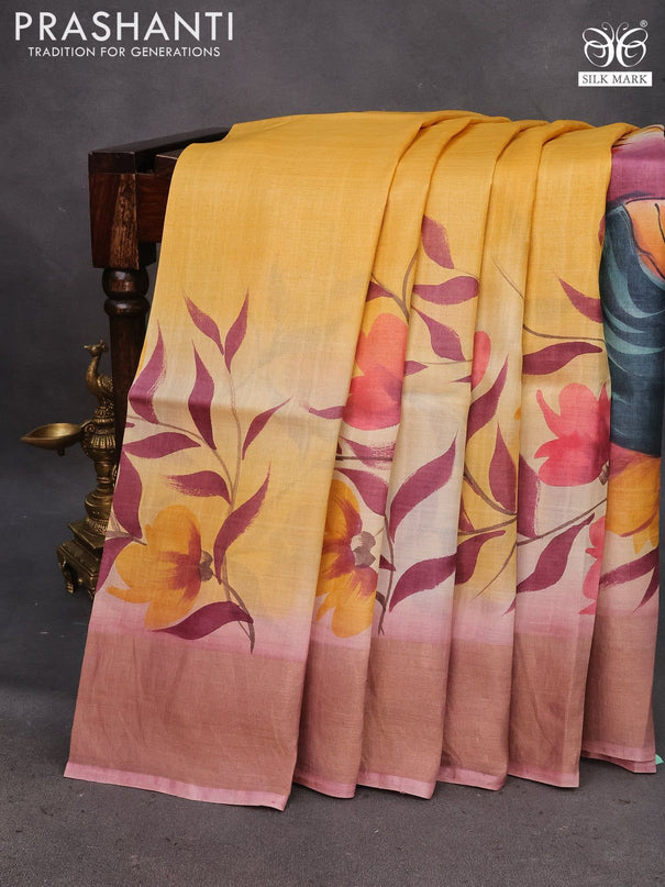 Pure tussar silk saree mango yellow and pastel pink with floral hand painted prints and zari woven border