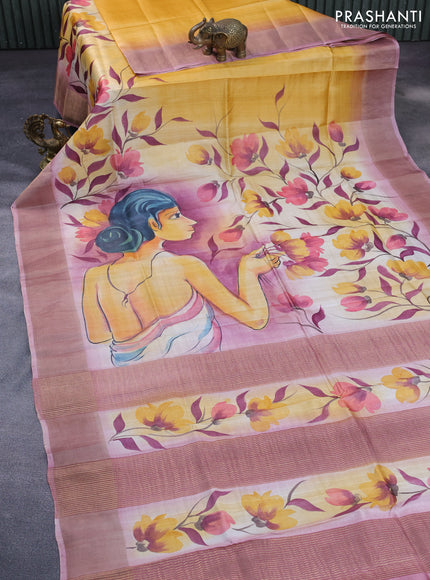 Pure tussar silk saree mango yellow and pastel pink with floral hand painted prints and zari woven border