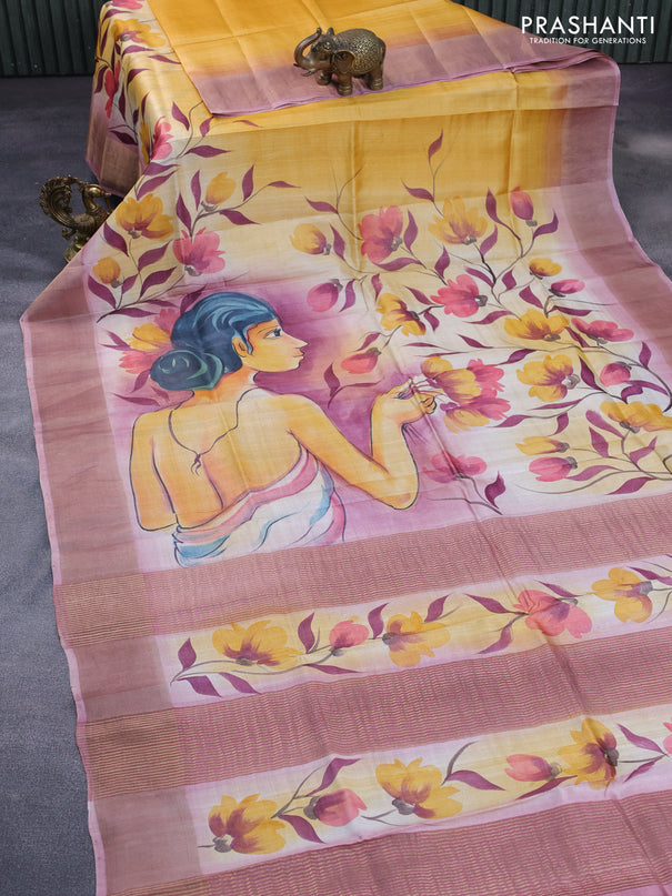 Pure tussar silk saree mango yellow and pastel pink with floral hand painted prints and zari woven border