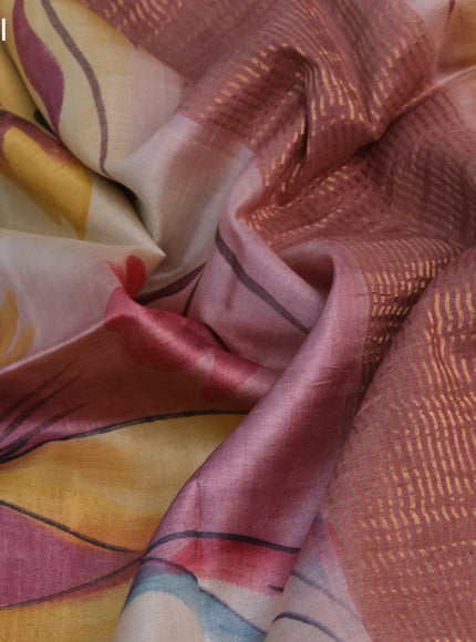 Pure tussar silk saree mango yellow and pastel pink with floral hand painted prints and zari woven border