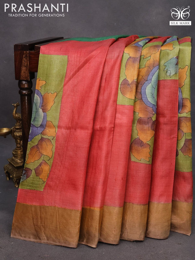 Pure tussar silk saree red and mehendi green with floral hand painted prints and zari woven border