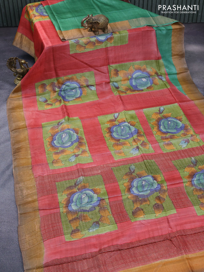 Pure tussar silk saree red and mehendi green with floral hand painted prints and zari woven border