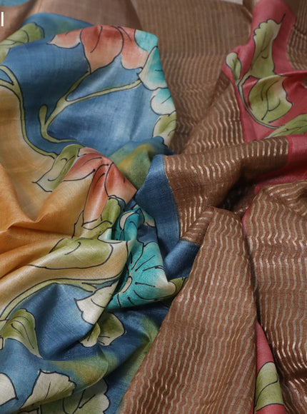 Pure tussar silk saree pale orange and blue brown with floral hand painted prints and zari woven border