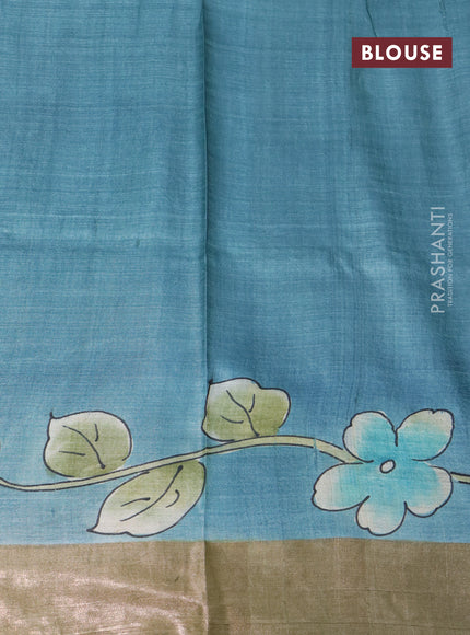 Pure tussar silk saree pale orange and blue brown with floral hand painted prints and zari woven border