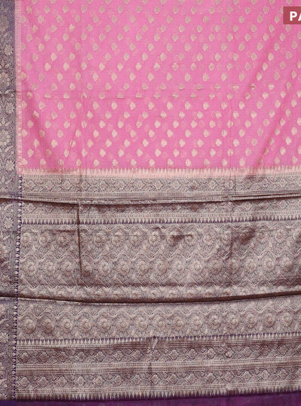 Banarasi semi silk saree light pink and deep violet with allover thread & zari woven buttas and zari woven border