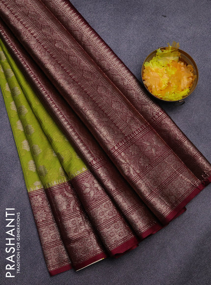 Banarasi semi silk saree lime green and deep maroon with allover thread & zari woven buttas and zari woven border