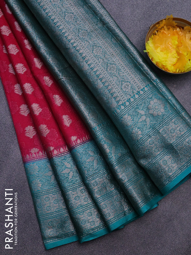 Banarasi semi silk saree pink and teal blue with allover thread & zari woven buttas and zari woven border