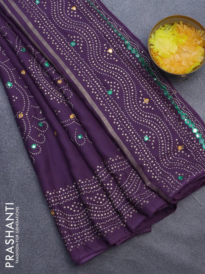 Semi georgette saree violet with allover bandhani prints and mirror work printed border