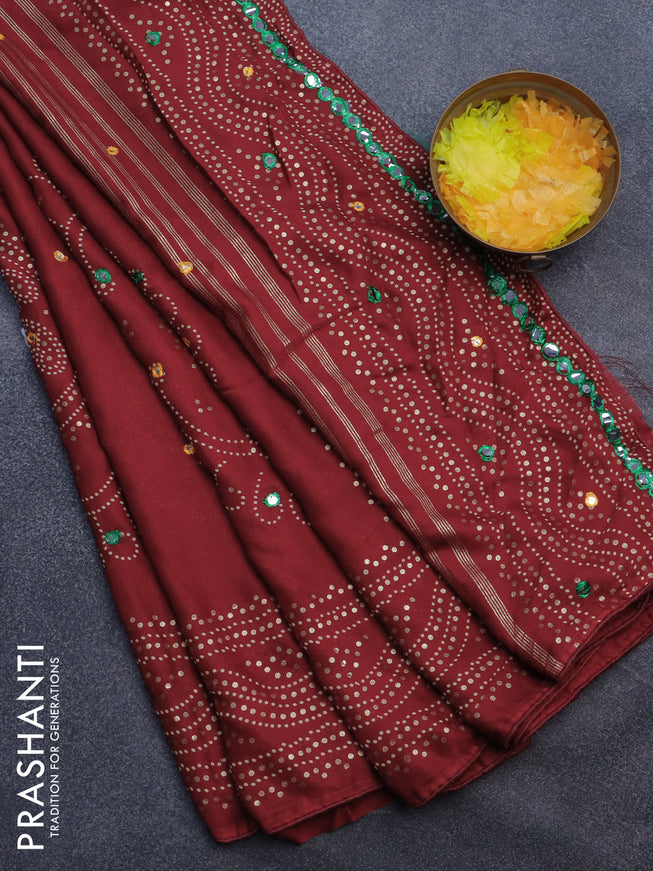 Semi georgette saree maroon with allover bandhani prints and mirror work printed border