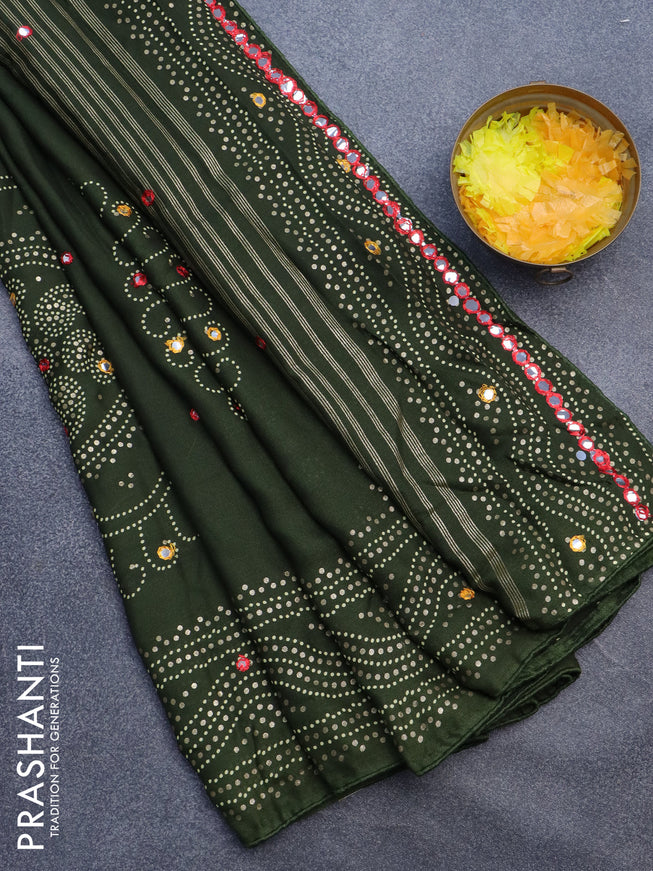 Semi georgette saree sap green with allover bandhani prints and mirror work printed border