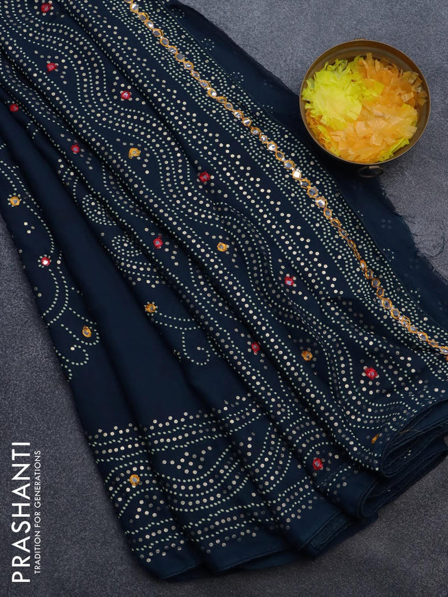 Semi georgette saree dark peacock blue with allover bandhani prints and mirror work printed border