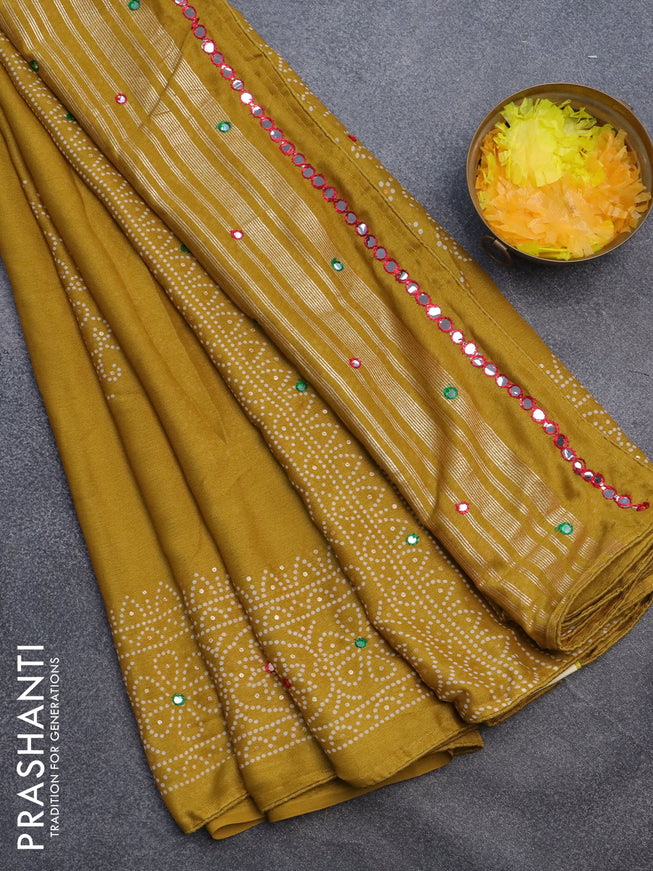 Semi georgette saree mustard yellow with allover bandhani prints and mirror work printed border