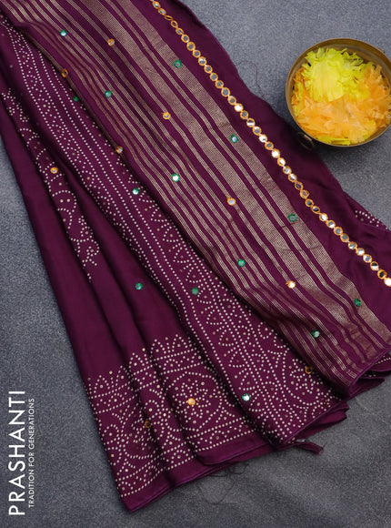 Semi georgette saree deep purple with allover bandhani prints and mirror work printed border