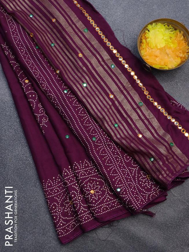 Semi georgette saree deep purple with allover bandhani prints and mirror work printed border