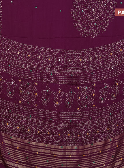 Semi georgette saree deep purple with allover bandhani prints and mirror work printed border