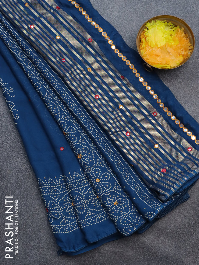 Semi georgette saree peacock blue with allover bandhani prints and mirror work printed border