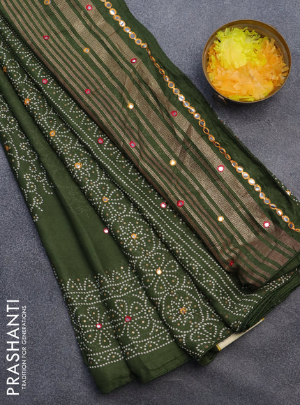 Semi georgette saree mehendi green with allover bandhani prints and mirror work printed border