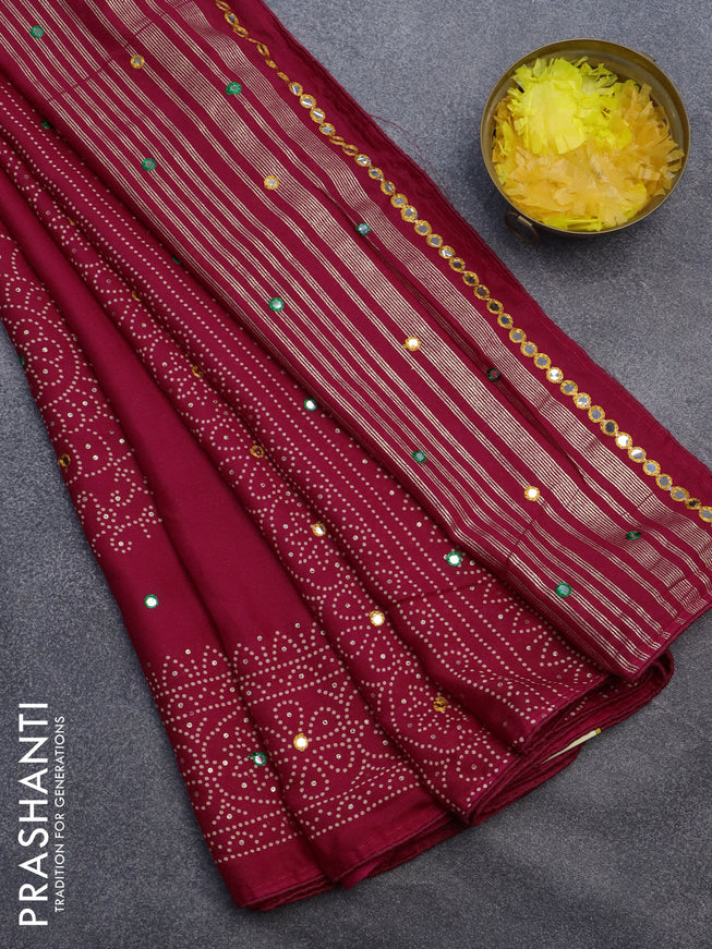 Semi georgette saree dark pink with allover bandhani prints and mirror work printed border