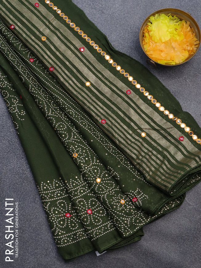 Semi georgette saree sap green with allover bandhani prints and mirror work printed border