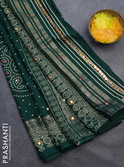 Semi georgette saree bottle green with allover bandhani prints and mirror work printed border