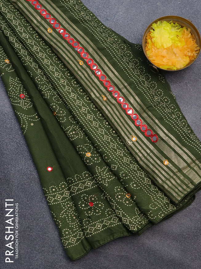 Semi georgette saree sap green with allover bandhani prints and mirror work printed border