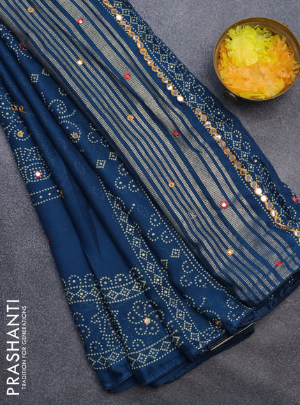 Semi georgette saree peacock blue with allover bandhani prints and mirror work printed border