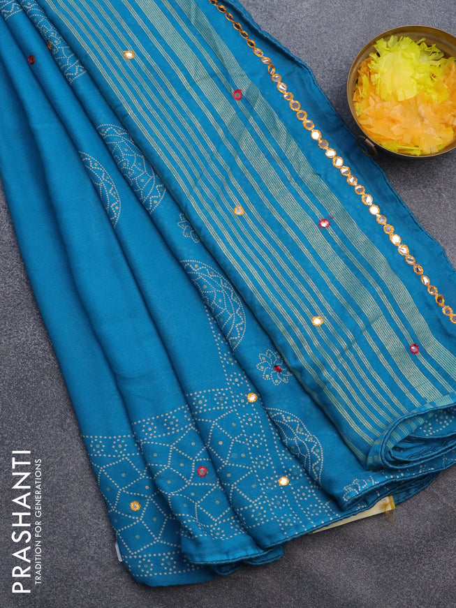 Semi georgette saree cs blue with allover bandhani prints and mirror work printed border