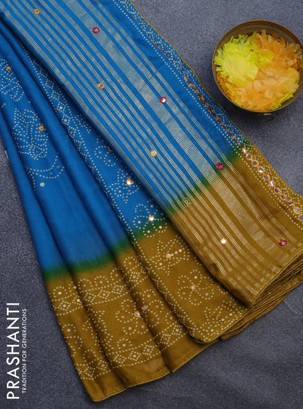 Semi georgette saree cs blue and dark mustard with allover bandhani prints and mirror work printed border