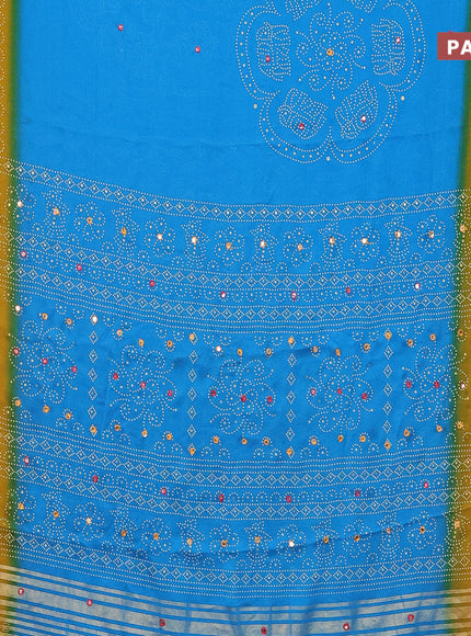 Semi georgette saree cs blue and dark mustard with allover bandhani prints and mirror work printed border