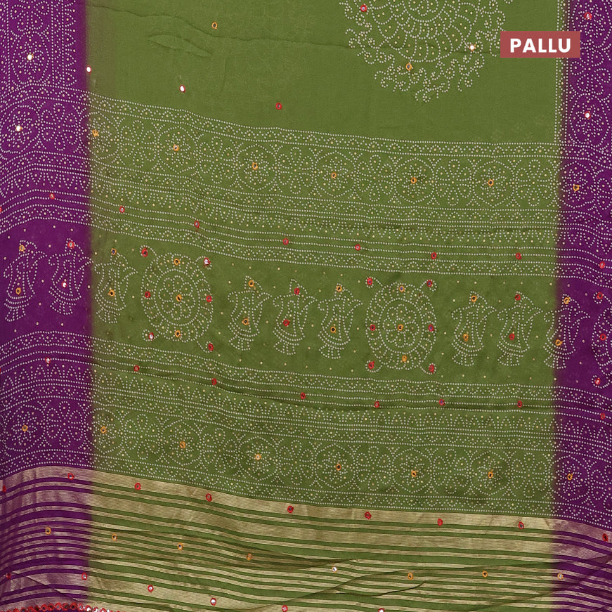 Semi georgette saree light green and violet with allover bandhani prints and mirror work printed border