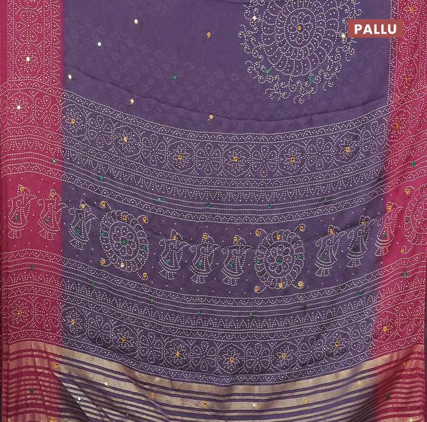 Semi georgette saree grey and onion pink with allover bandhani prints and mirror work printed border