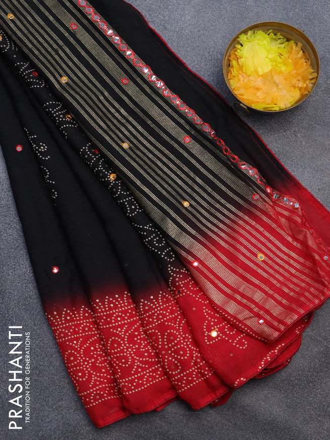 Semi georgette saree black and red with allover bandhani prints and mirror work printed border