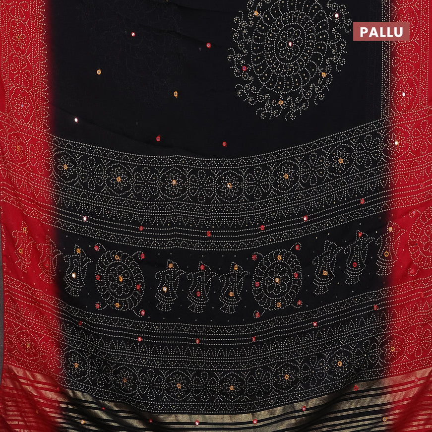 Semi georgette saree black and red with allover bandhani prints and mirror work printed border