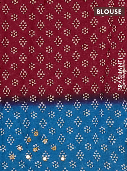 Semi georgette saree kumkum red and cs blue with allover bandhani prints and mirror work printed border