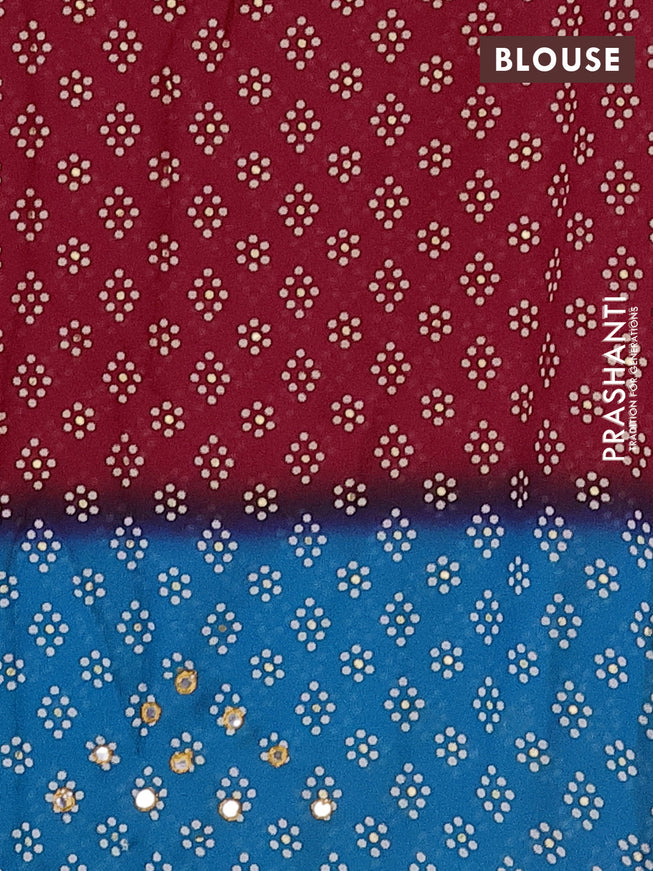 Semi georgette saree kumkum red and cs blue with allover bandhani prints and mirror work printed border