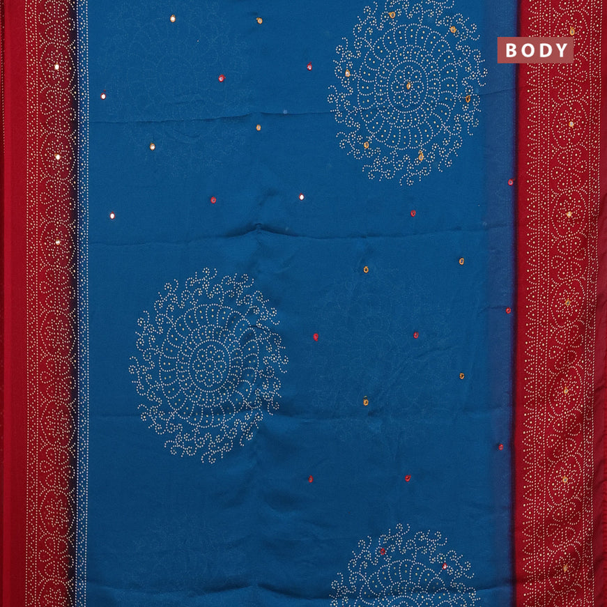 Semi georgette saree cs blue and red with allover bandhani prints and mirror work printed border