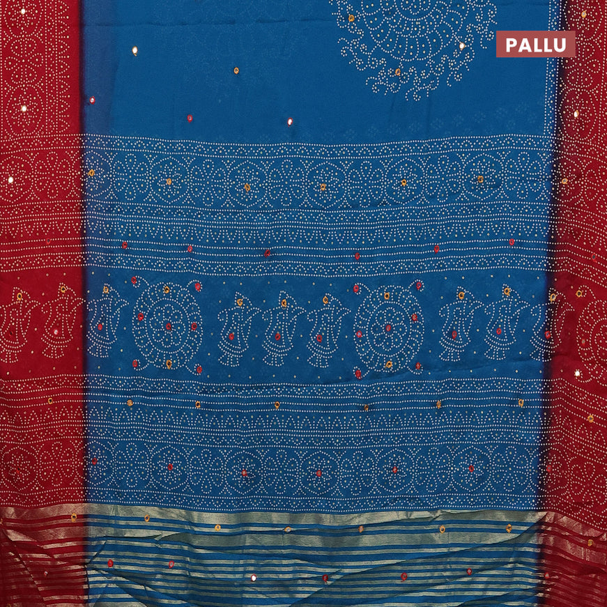 Semi georgette saree cs blue and red with allover bandhani prints and mirror work printed border