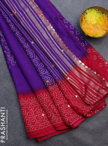 Semi georgette saree violet and dark pink with allover bandhani prints and mirror work printed border